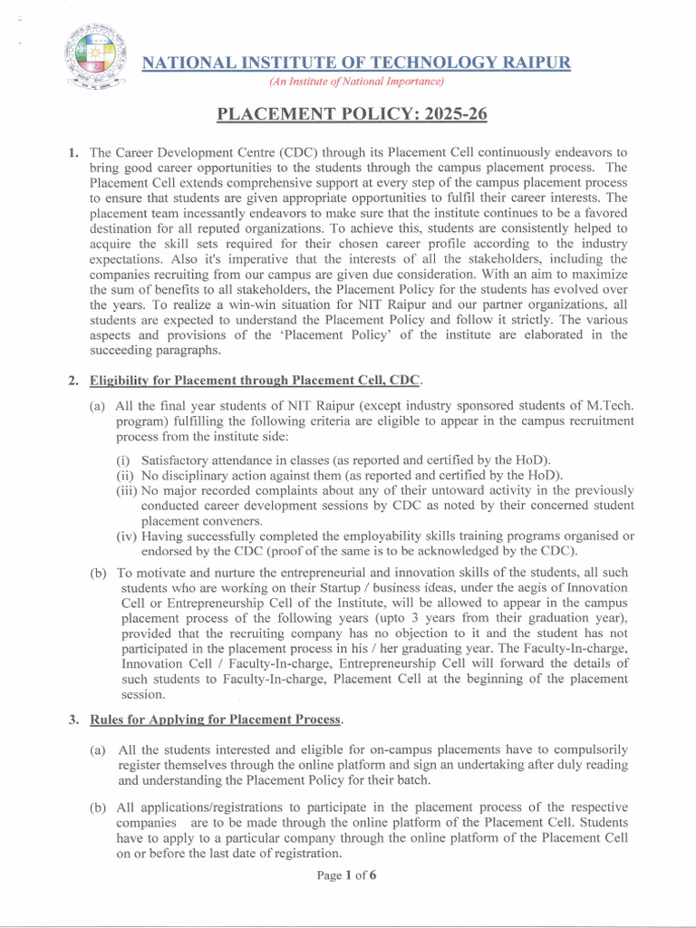 Placement Policy 2025-26 | PDF