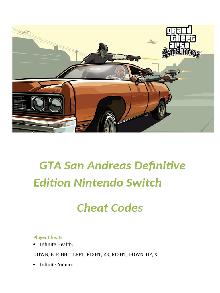 GTA San Andreas Switch Cheat Codes List PDF Video Games Nintendo 1