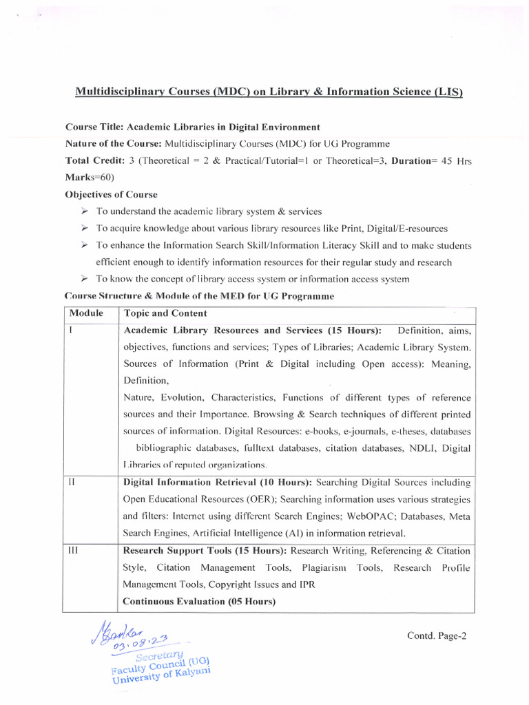Multidisciplinary Courses MDC On Library Information Science LIS | PDF