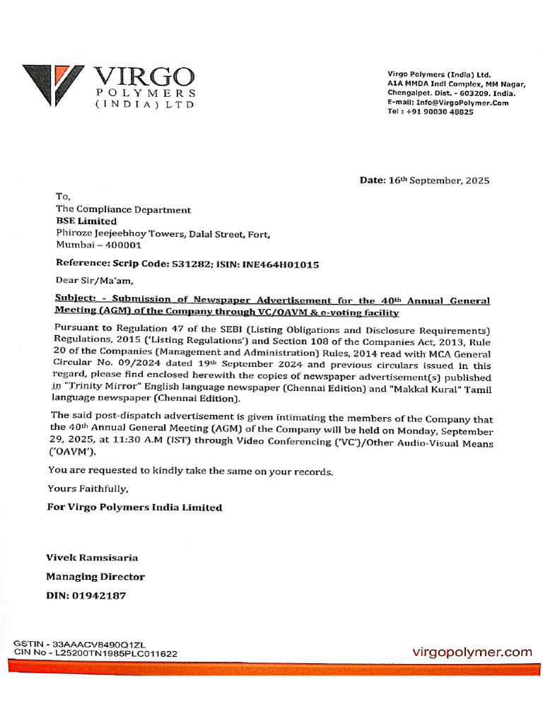 Virgo Polymers AGM Notice Submission | PDF