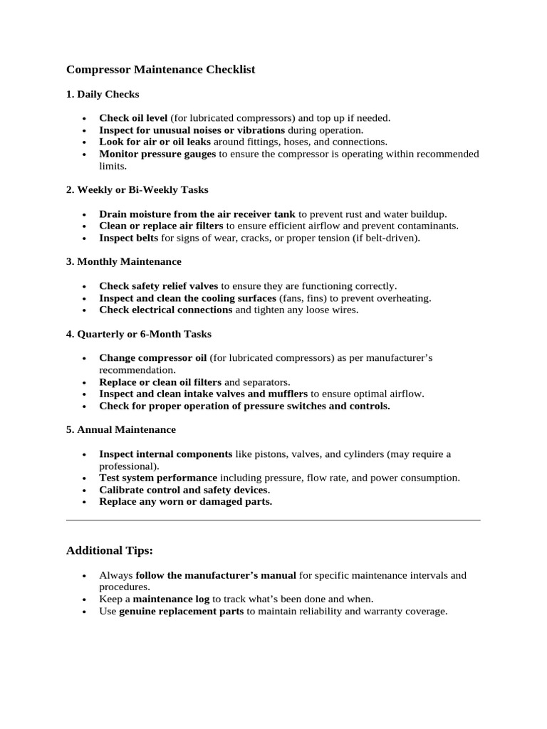 Air Compressor Maintenance Checklist | PDF