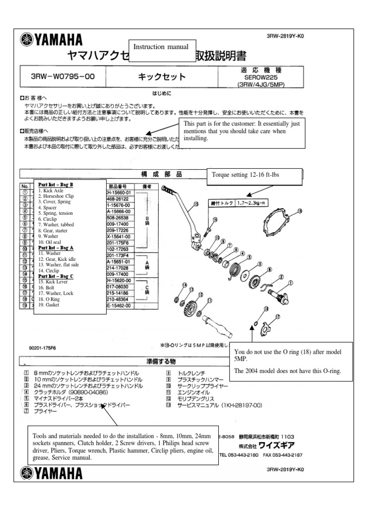 Yamaha XT225 Kick Start Instructions PDF Washer (Hardware) Land
