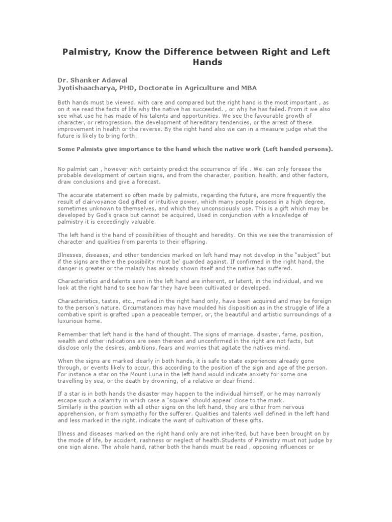 Palmistry, Know The Difference Between Right and Left Hands PDF