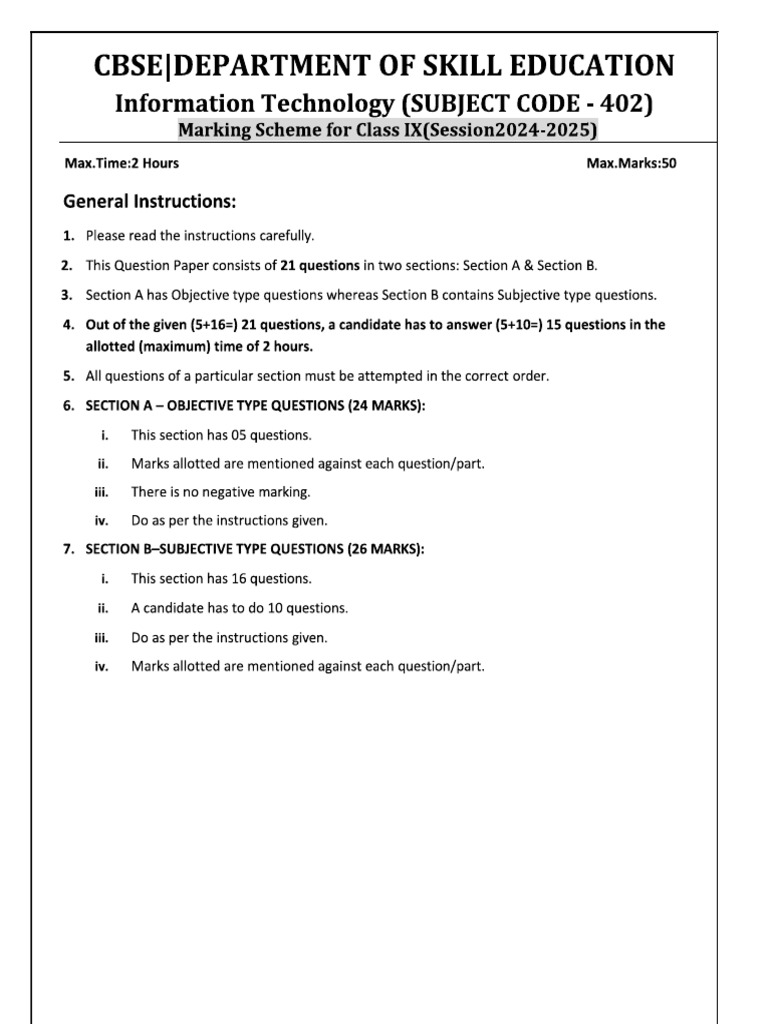 CBSE Paper Format IX ICT | PDF