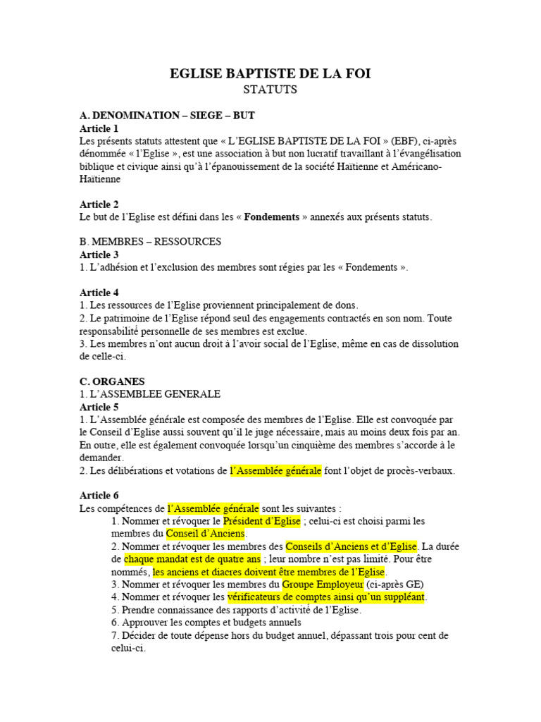 Statuts de l'Église Baptiste de la Foi | PDF