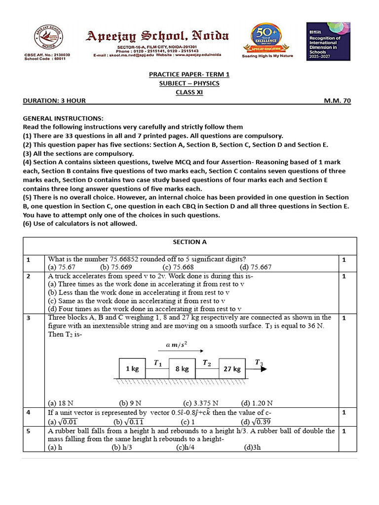 Class XI Physics Term 1 Practice Paper | PDF | Collision | Mechanics