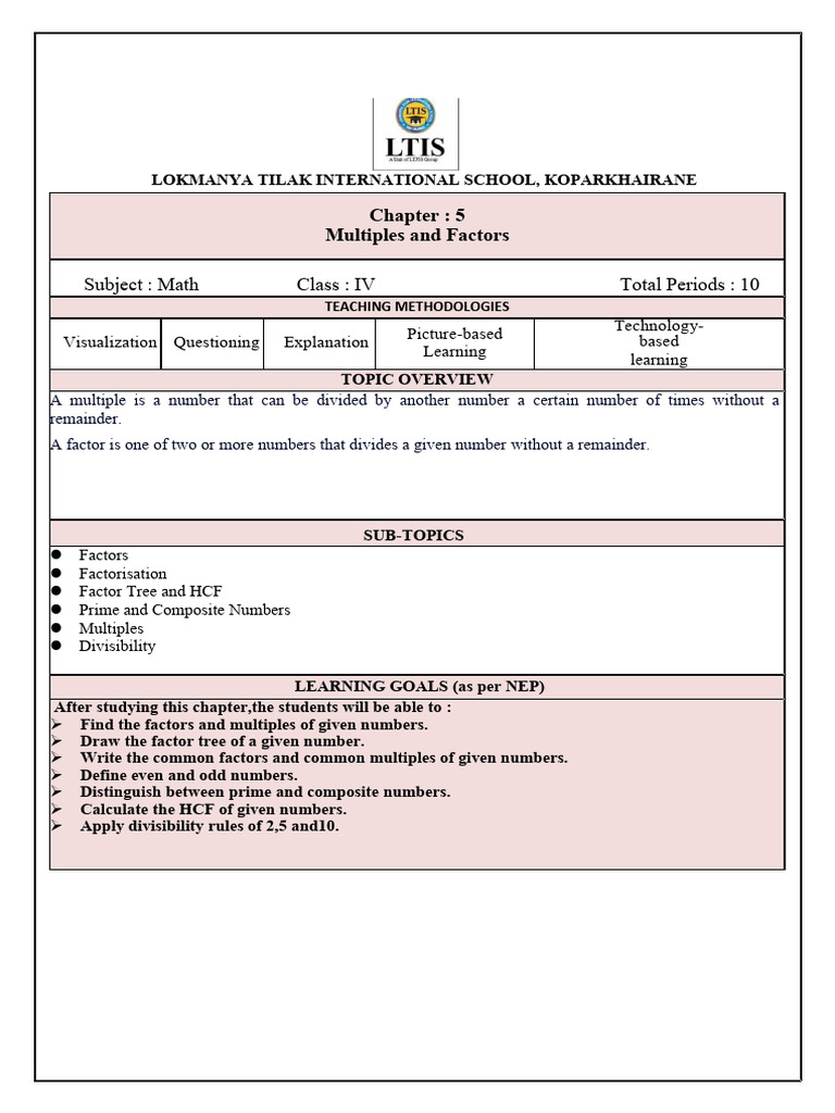 Lesson Plan Class IV Multiples and Factors | PDF | Learning ...