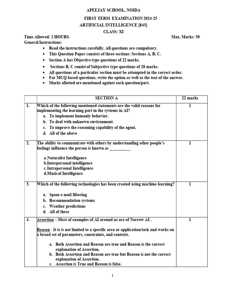 AI Exam Paper Class 11 - 2024-25 | PDF | Artificial Intelligence ...