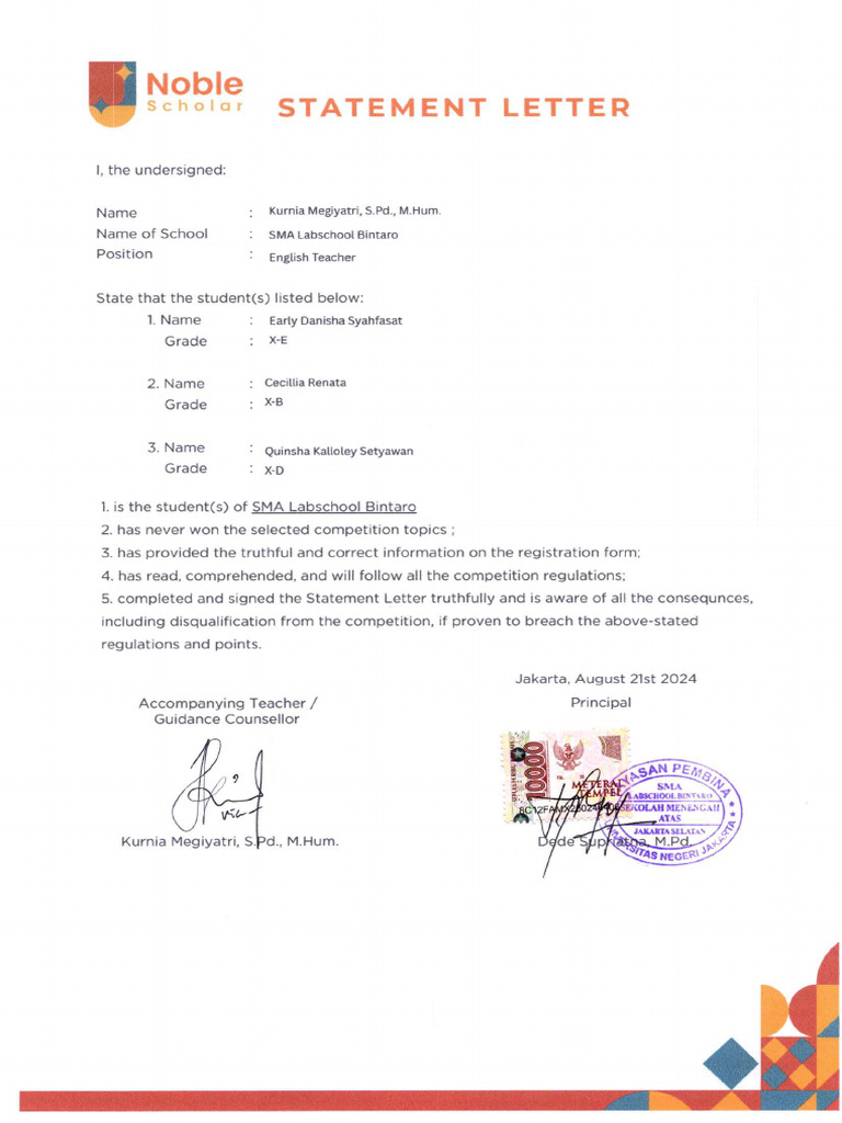 Statement Letter Noble Scholar | PDF