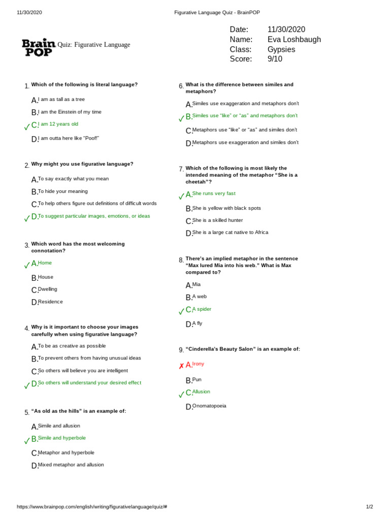 Figurative Language Quiz - BrainPOP | PDF | Metaphor | Linguistics