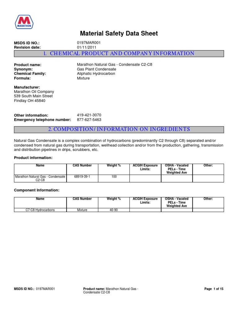 Natural Gas Condensate MSDS