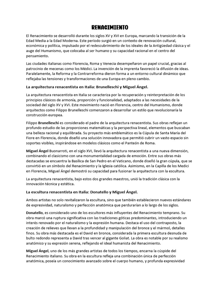 Arte y Cultura del Renacimiento Europeo | PDF | Renacimiento | Miguel Ángel