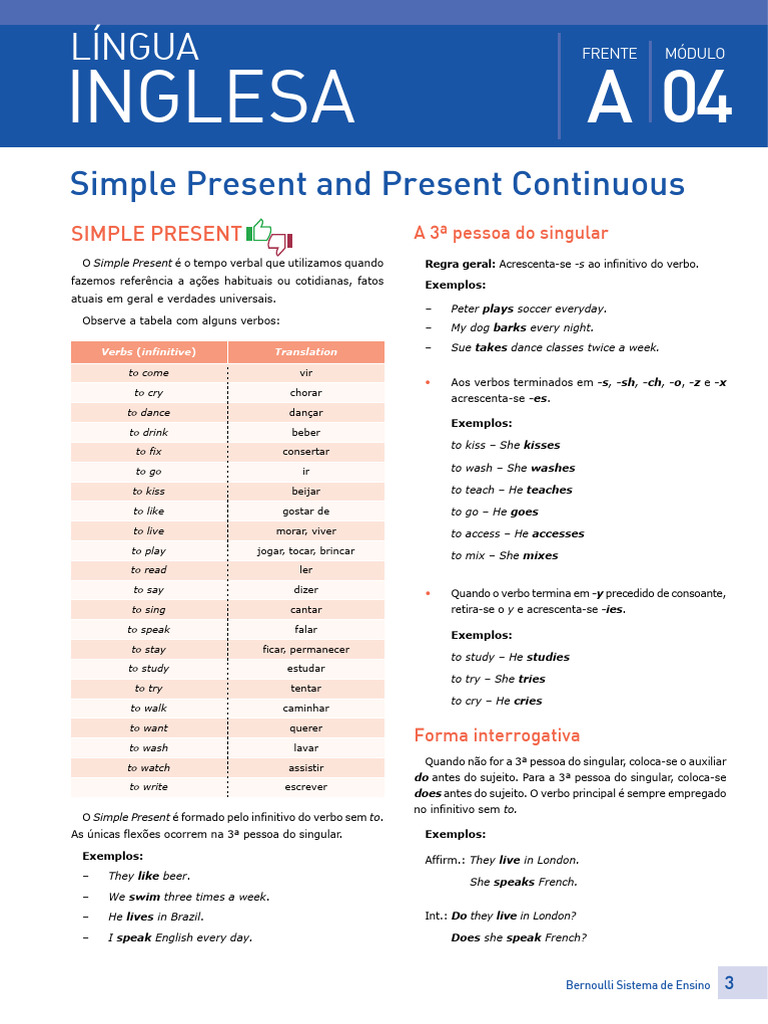 Regras do Simple Present e Present Continuous | PDF | Relações ...