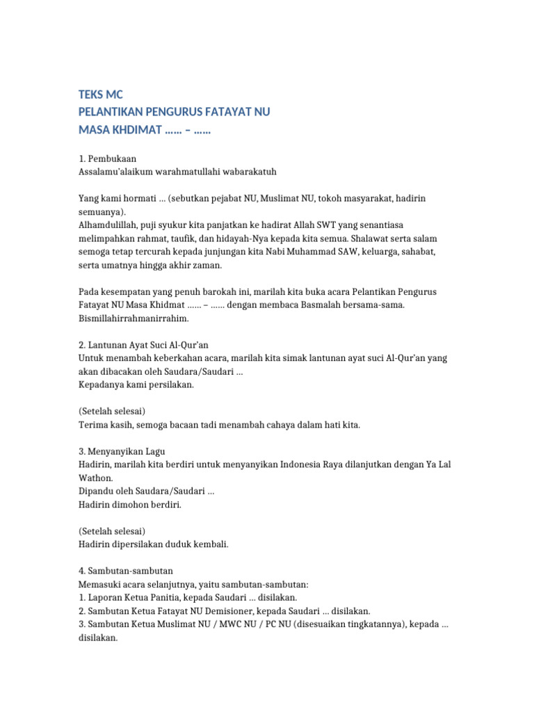 Teks MC Pelantikan Fatayat NU | PDF