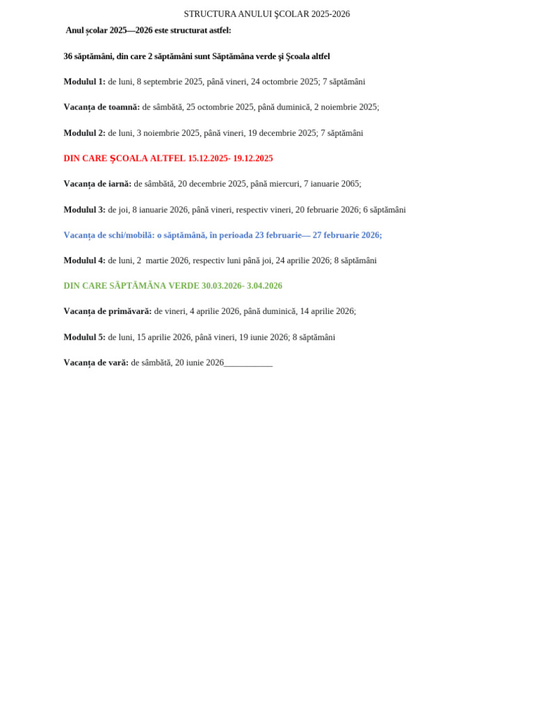 Structura An Scolar 20252026 Word | PDF