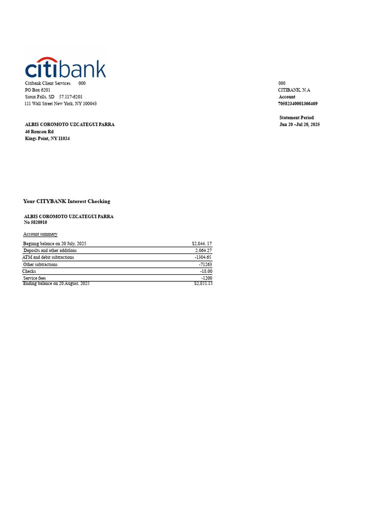 Citibank Statement: July 2025 | PDF