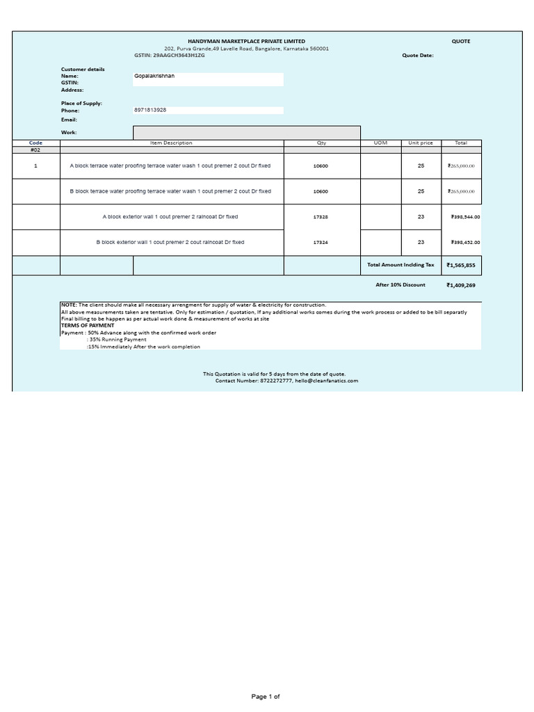 Handyman Quotation for Waterproofing Services | PDF | Payments | Market ...