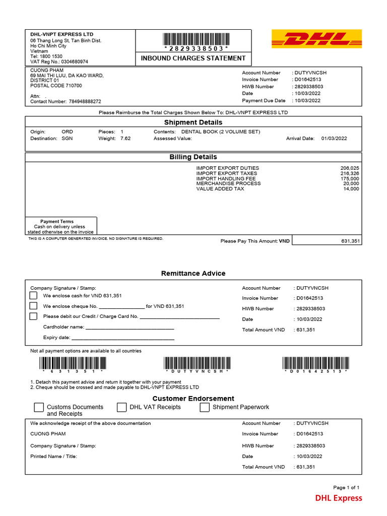 DHL-VNPT Invoice for Customs Charges | PDF | Receipt | Payments