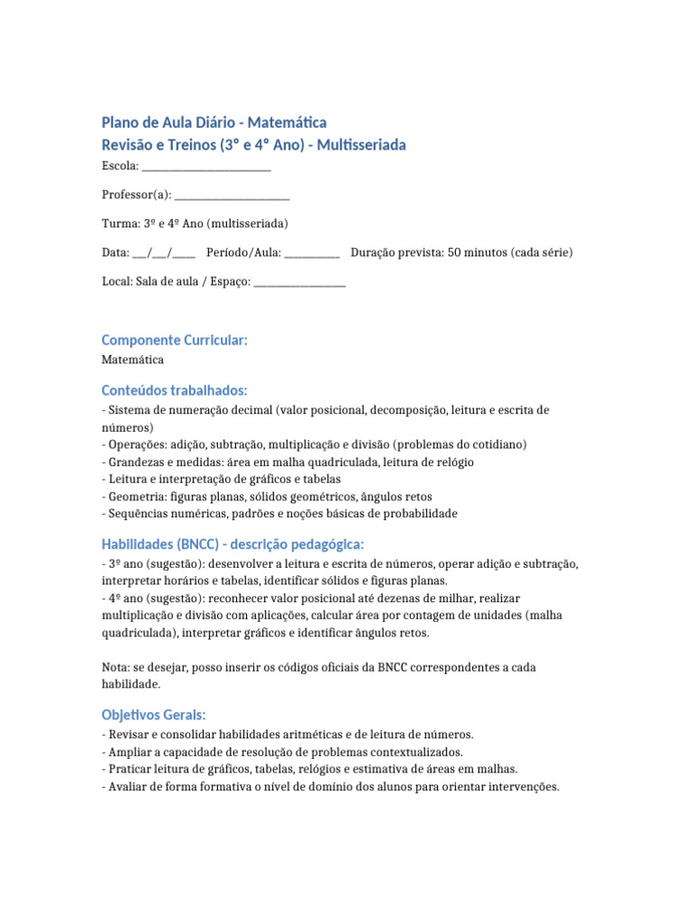 Plano de Aula: Matemática 3º e 4º Ano | PDF | Matemática | Lição