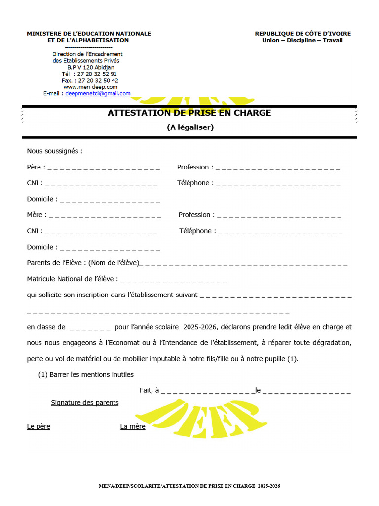 Attestation de Prise en Charge Scolaire | PDF