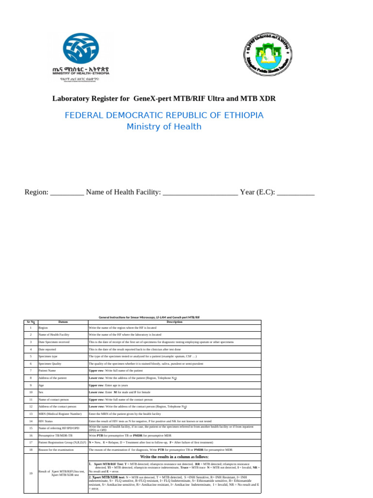 GeneX-pert MTB/RIF & XDR Lab Register | PDF | Tuberculosis | Human ...