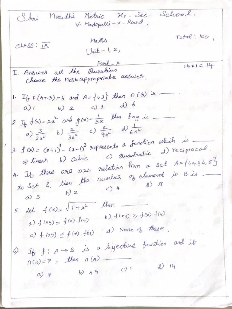 9th Maths Unit Test Question Papers | PDF