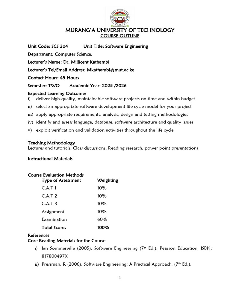 Software Engineering Course Outline | PDF | Software Testing | Software ...