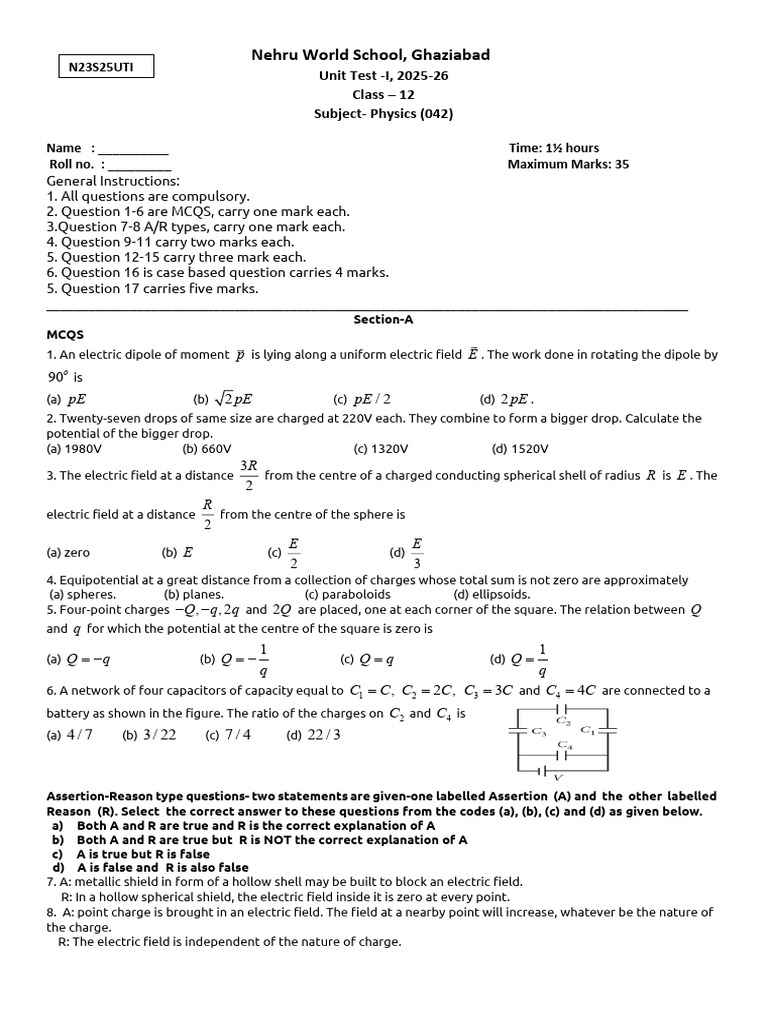 Class 12 Physics Unit Test 2025-26 | PDF | Sphere | Physics