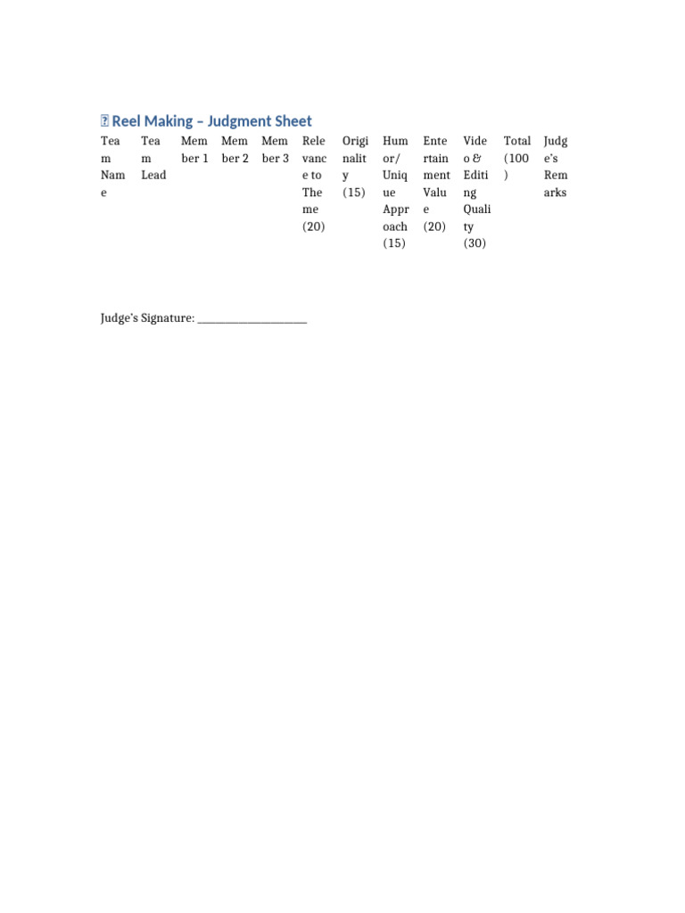 Reel Making Judgment Sheet Template | PDF