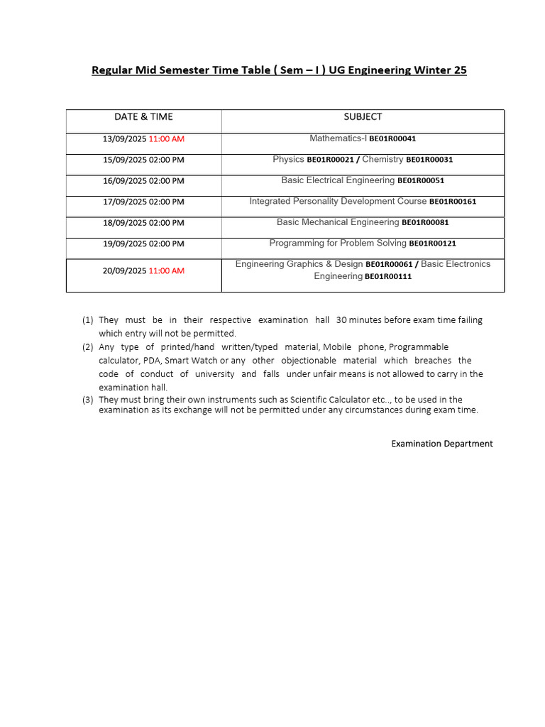 First Year Engineering Exam Schedule 2025 | PDF