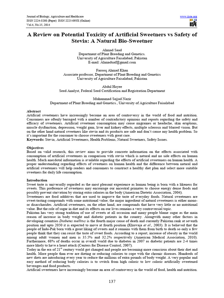 Toxicity of Artificial Sweeteners vs Stevia | PDF | Sugar Substitute