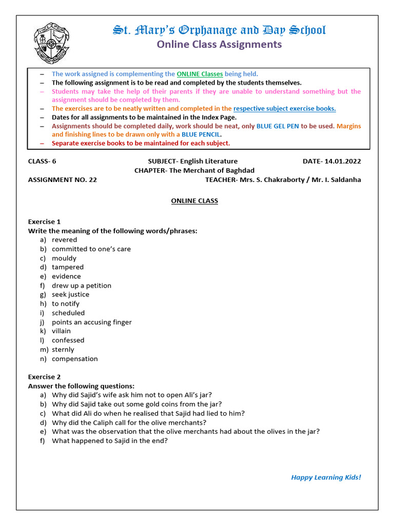 Class 6 English Literature Assignment 22 | PDF