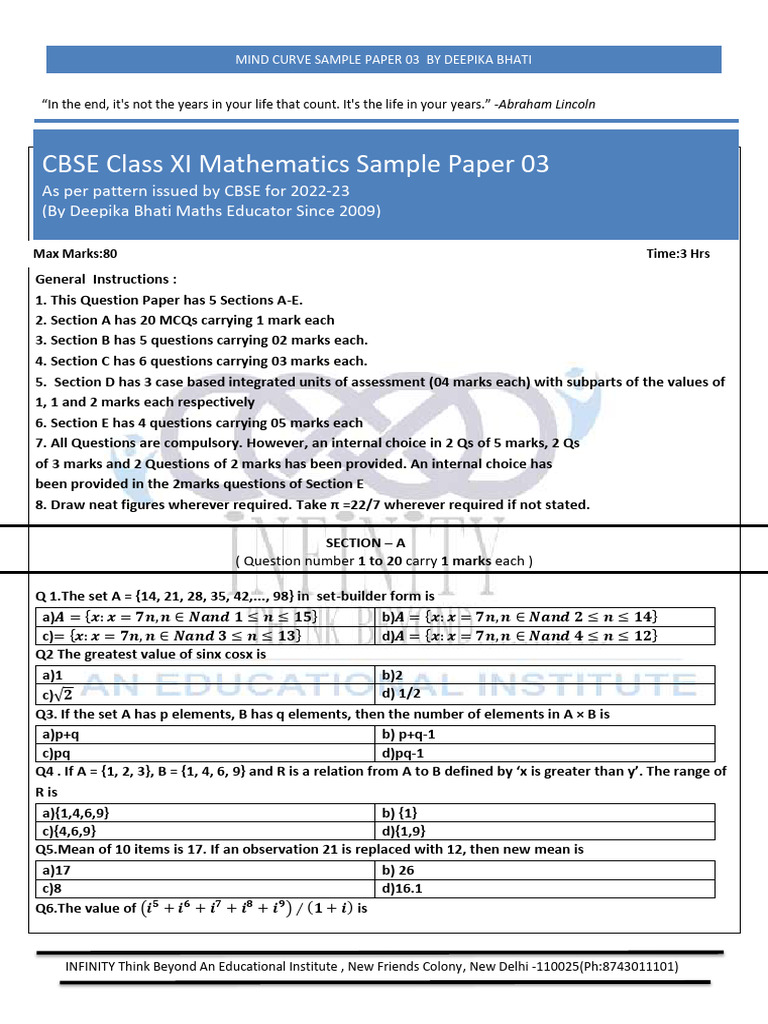 CBSE Class XI Mathematics Sample Paper | PDF | Mathematics