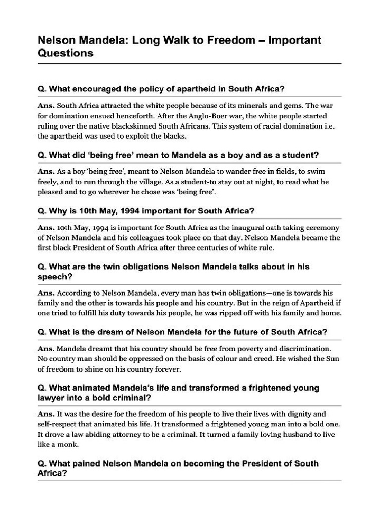 Nelson Mandela Long Walk To Freedom Extra Questions | PDF
