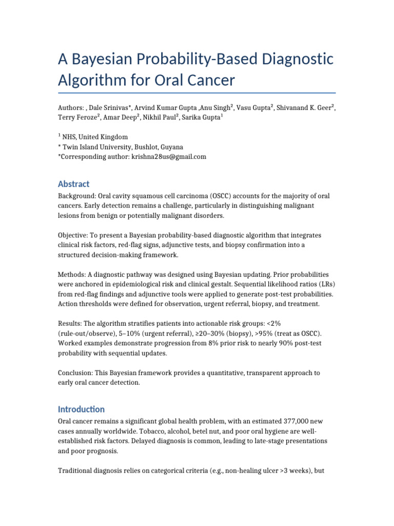 Bayesian Algorithm for Oral Cancer Diagnosis | PDF | Cancer | Bayesian ...