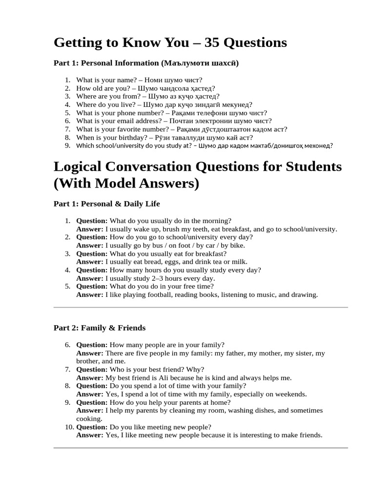 35 Questions for Personal Insights | PDF | Grammatical Number | Question