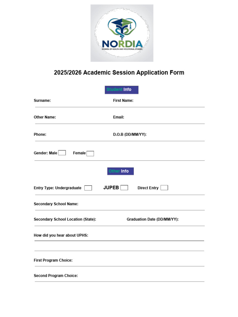 2025/2026 Academic Session Application Form | PDF