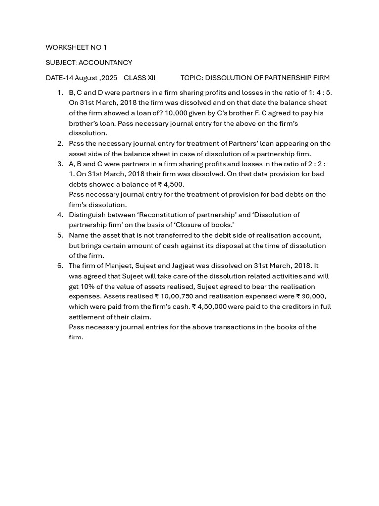 Class 12 Dissolution Worksheet | PDF | Balance Sheet | Book Value