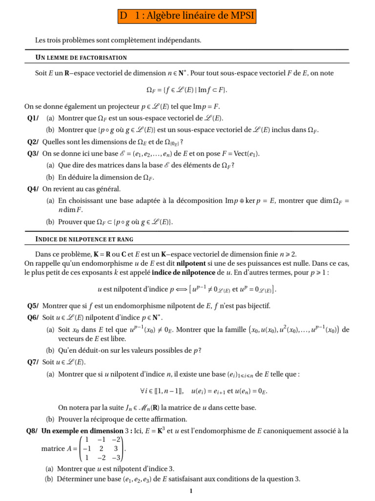 Problèmes d'algèbre linéaire MPSI | PDF | Matrice (Mathématiques ...