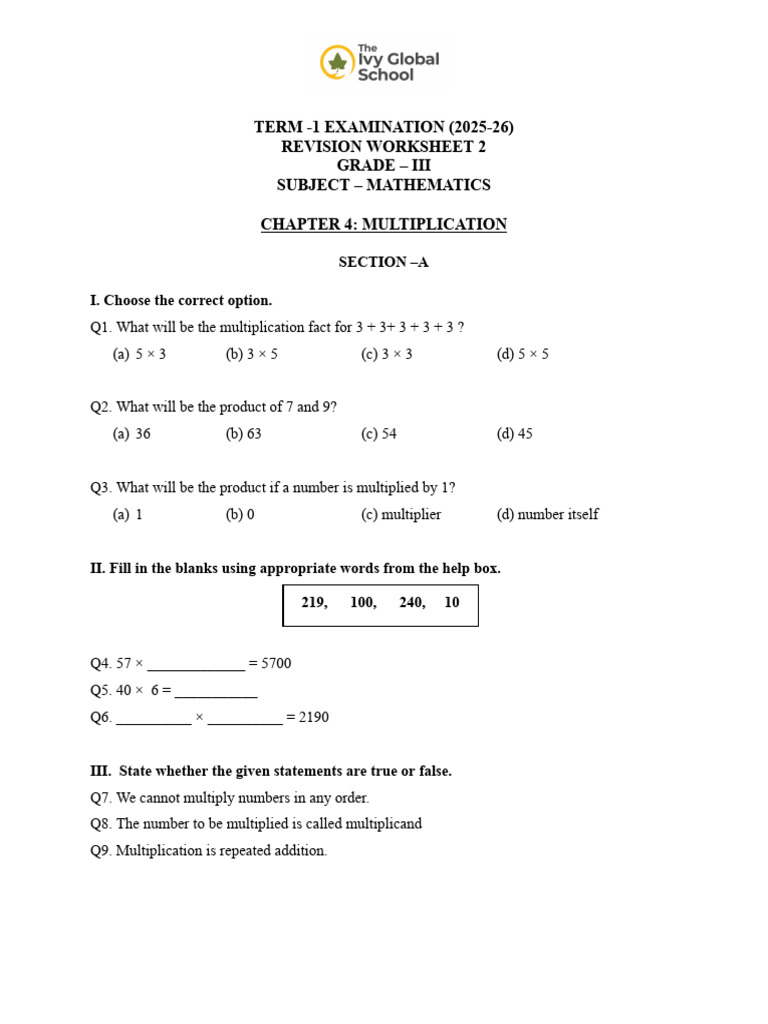 Grade 3 Math Multiplication Worksheet | PDF