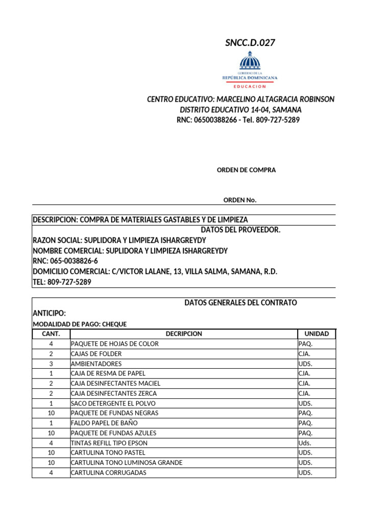 Orden de Compra de Materiales Educativos | PDF
