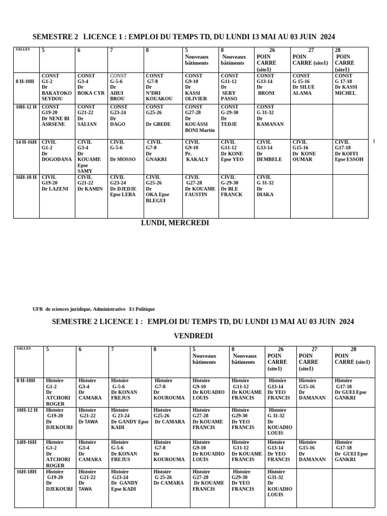 Emploi du temps TD Licence 1 & 2 2024 | PDF
