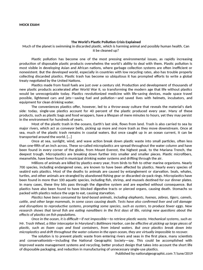 PRACTICE 6. The World's Plastic Pollution Crisis. | PDF | Plastic | Sea