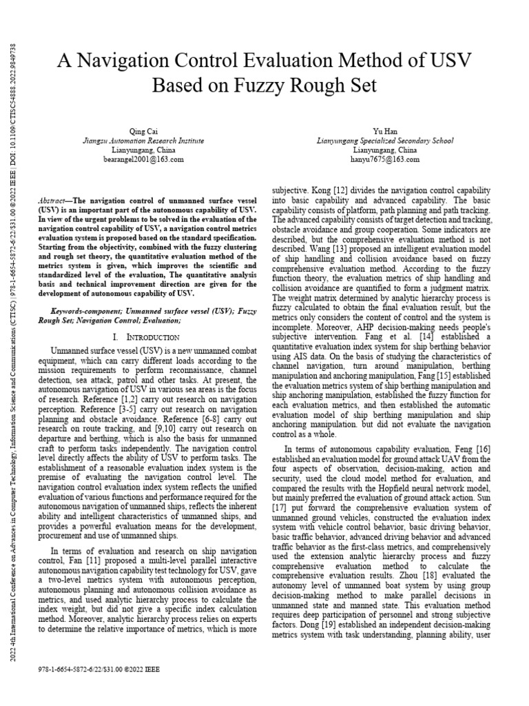 A Navigation Control Evaluation Method of USV Based On Fuzzy Rough Set ...