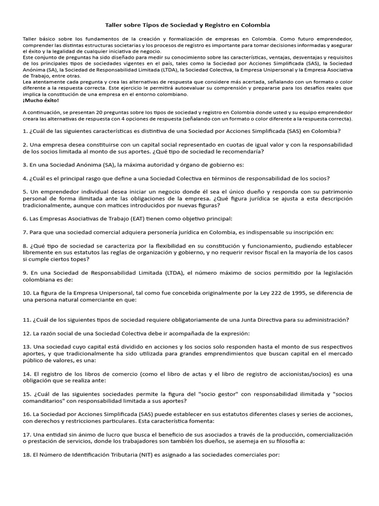 Tipos de Sociedades en Colombia: Taller | PDF | Sociedad General | Business