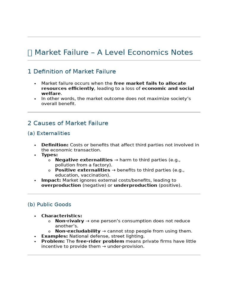 Market Failure A Level Notes | PDF | Externality | Market Failure