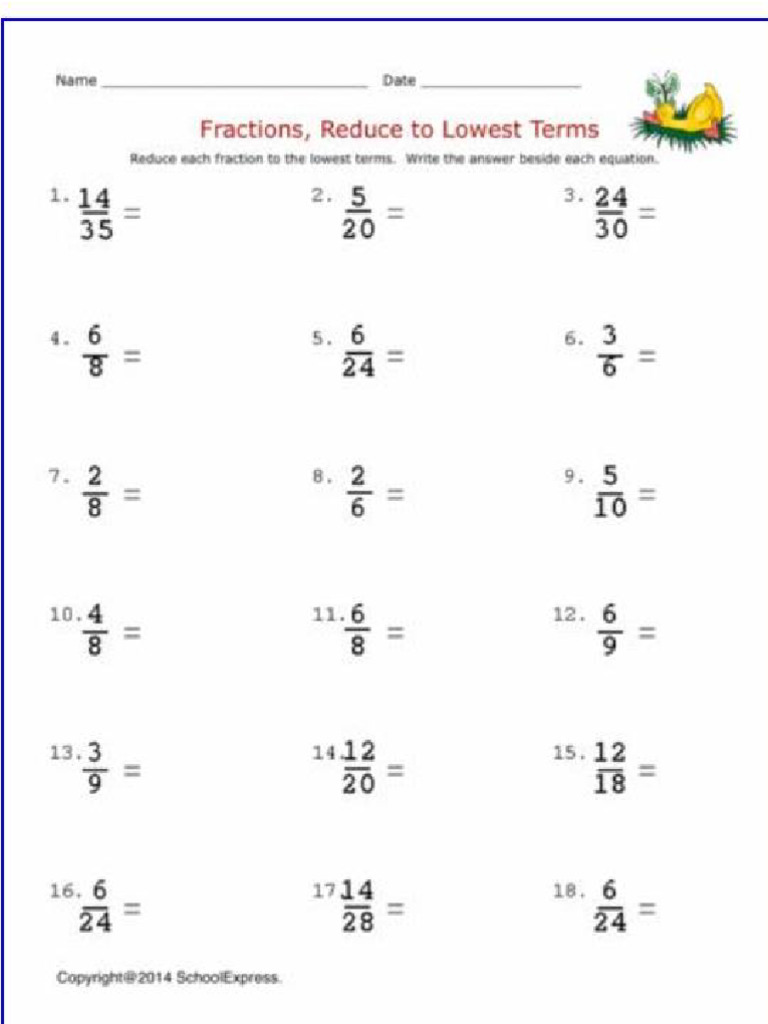 Fractions Worksheets Reduce To Lowest Terms | PDF