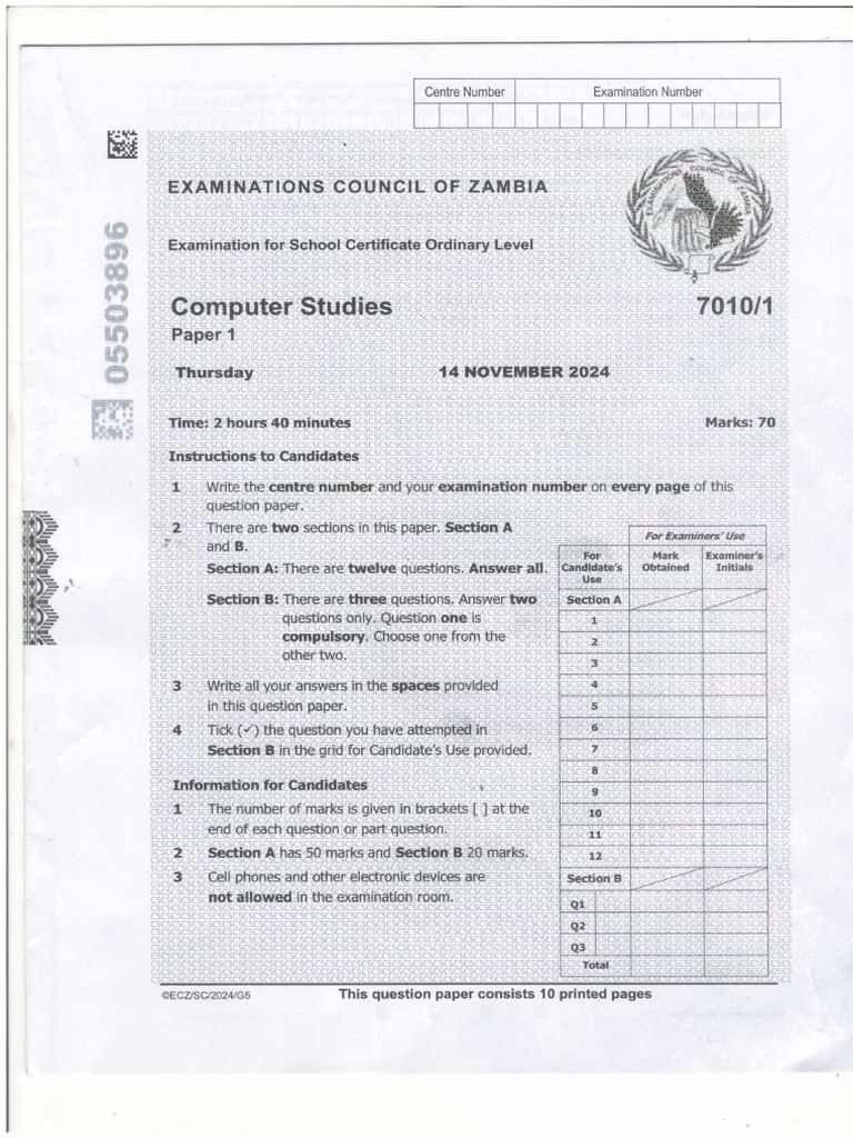 G12 Computer Studies Exam Paper 2024 | PDF | Qualifications | Student ...