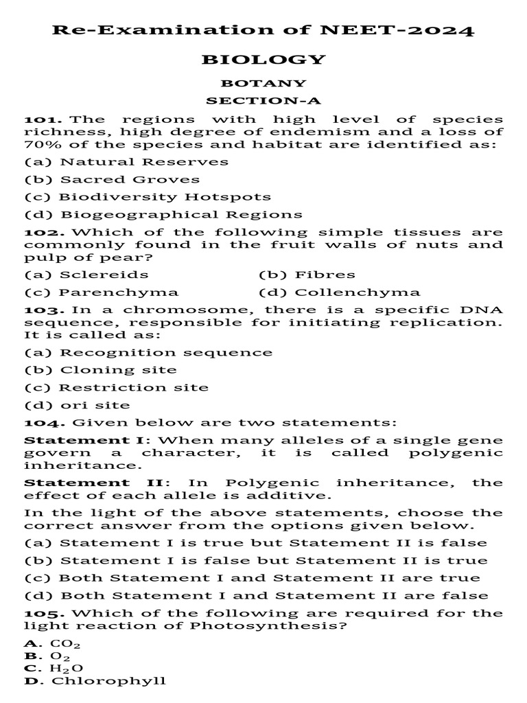 NEET 2024 Biology Exam Questions | PDF | Meiosis | Biology