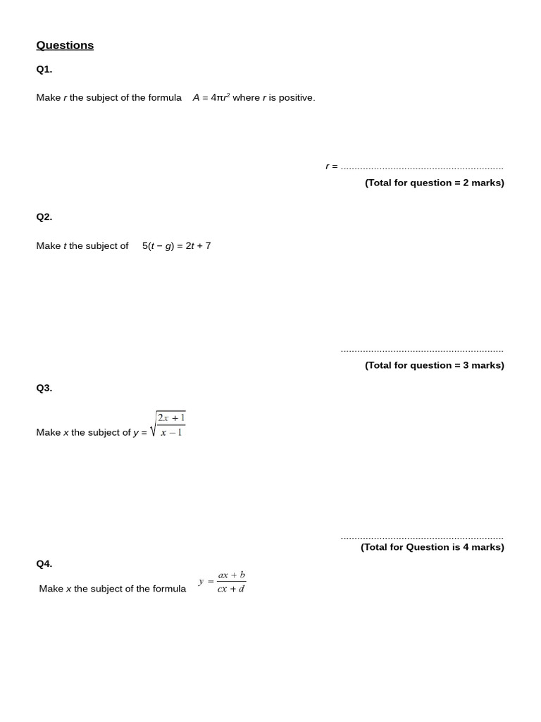 Rearranging Formulae (1-8) | PDF